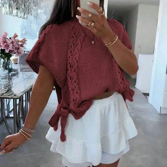 Burgundy Casual Women's Side Tie Round Neck Cap Sleeve Sweater - Picture 2 of 7